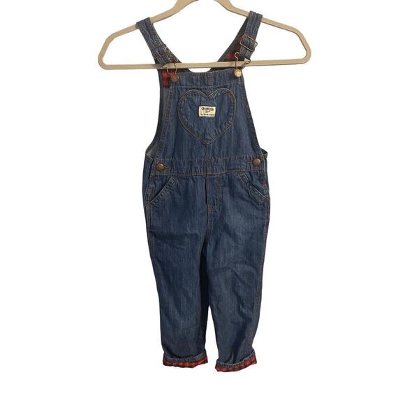 OshKosh B'gosh Other - Oshkosh B'gosh Vestbak Overalls Denim Blue Heart SZ 5T ROLLED RED PLAID CUFF